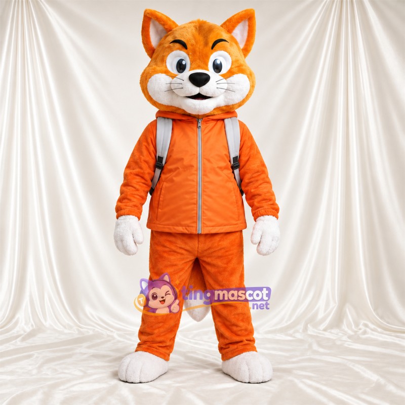 Maskottchenkostüm Fuchs – orange / weiß – Trainingsanzug (orange); Rucksack (grau) Maskottchenkostüm Fuchs – orange / weiß – Trainingsanzug (orange); Rucksack (grau)