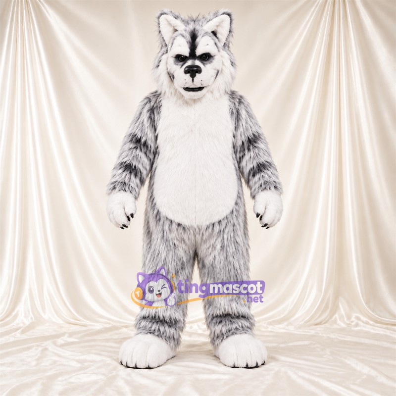 Costume de mascotte Chat sauvage – gris / blanc – Ventre (blanc); Rayures (noir) Costume de mascotte Chat sauvage – gris / blanc – Ventre (blanc); Rayures (noir)