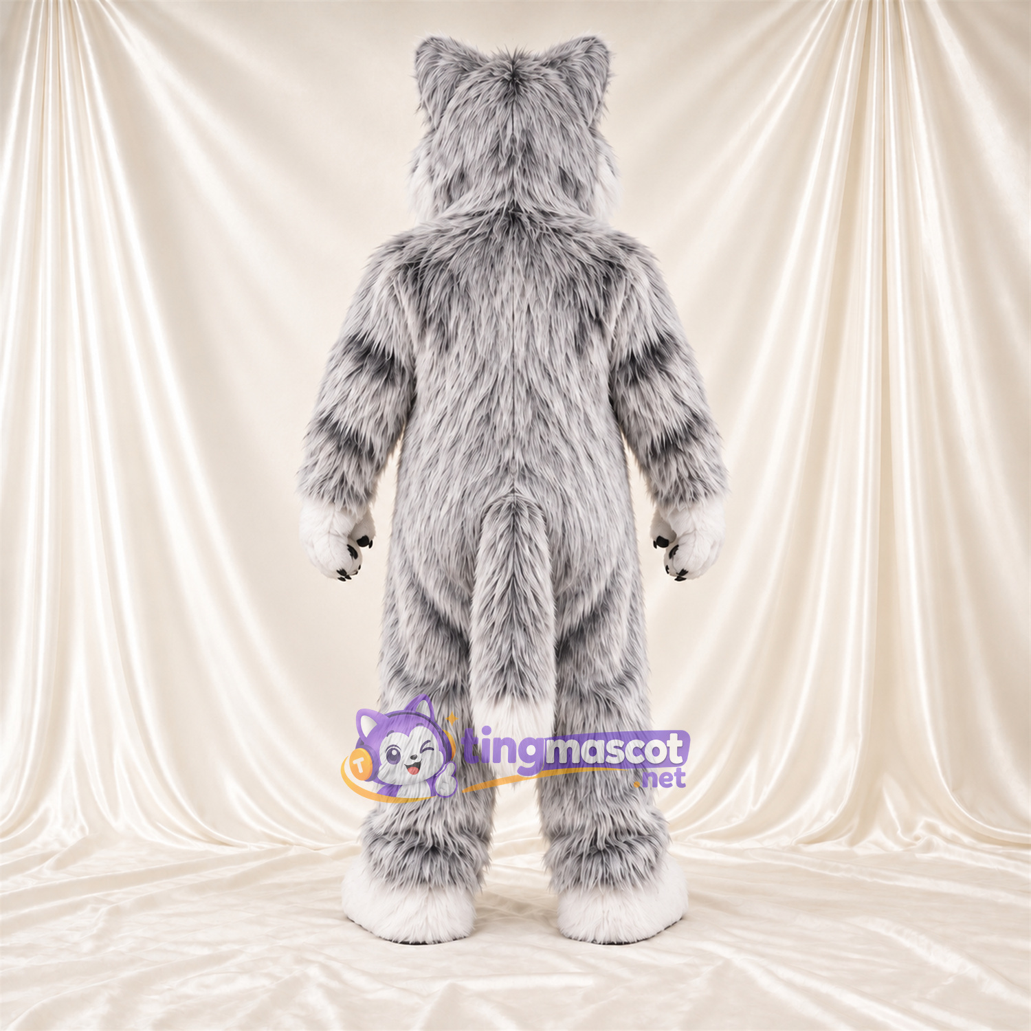 Costume de mascotte Chat sauvage – gris / blanc – Ventre (blanc); Rayures (noir) Costume de mascotte Chat sauvage – gris / blanc – Ventre (blanc); Rayures (noir)