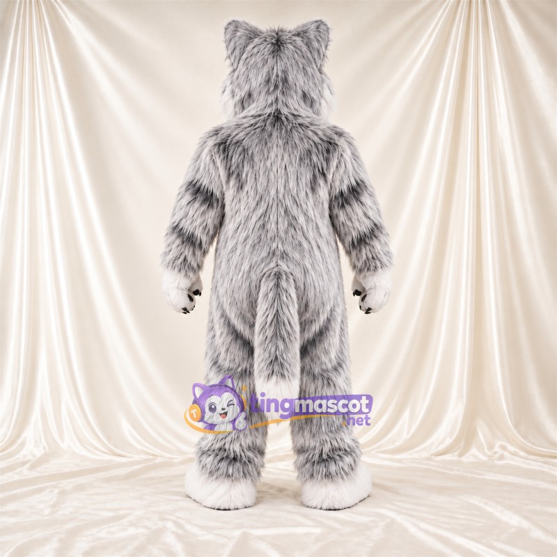 Costume de mascotte Chat sauvage – gris / blanc – Ventre (blanc); Rayures (noir) Costume de mascotte Chat sauvage – gris / blanc – Ventre (blanc); Rayures (noir)