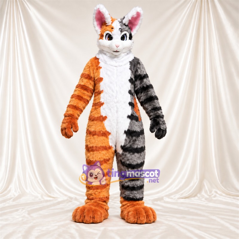 Costume de mascotte Chat tricolore – orange / blanc / gris – Nez (rose); Jambes rayées Costume de mascotte Chat tricolore – orange / blanc / gris – Nez (rose); Jambes rayées