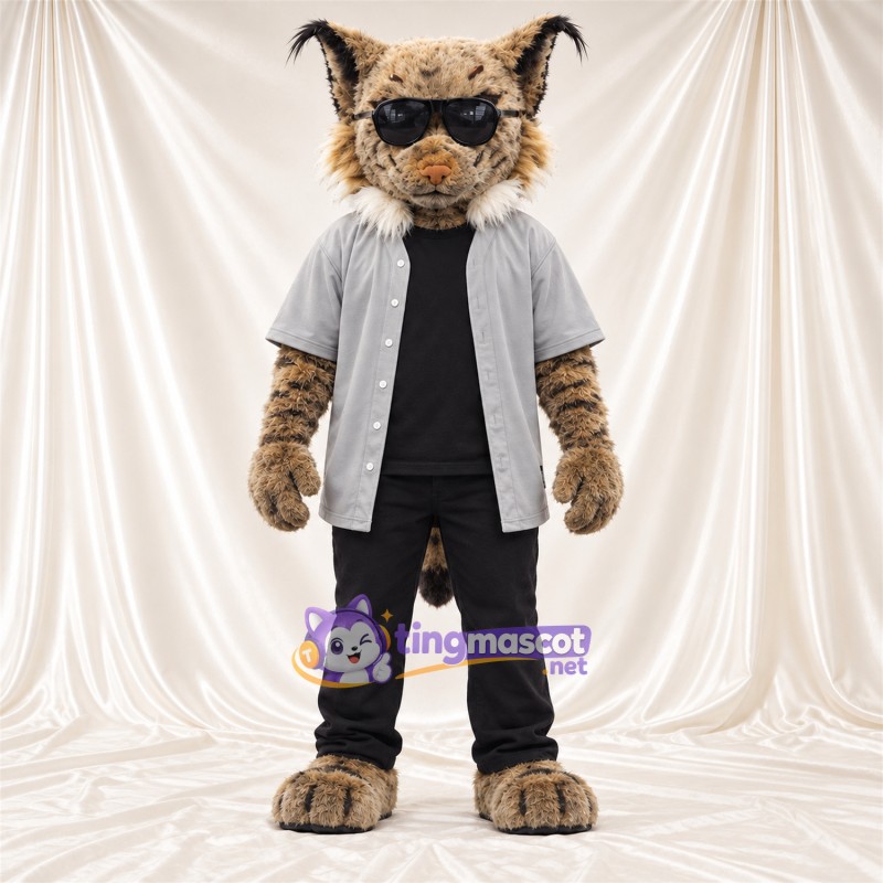 Costume de mascotte Lynx – brun clair – Chemise (gris); Pantalon (noir)