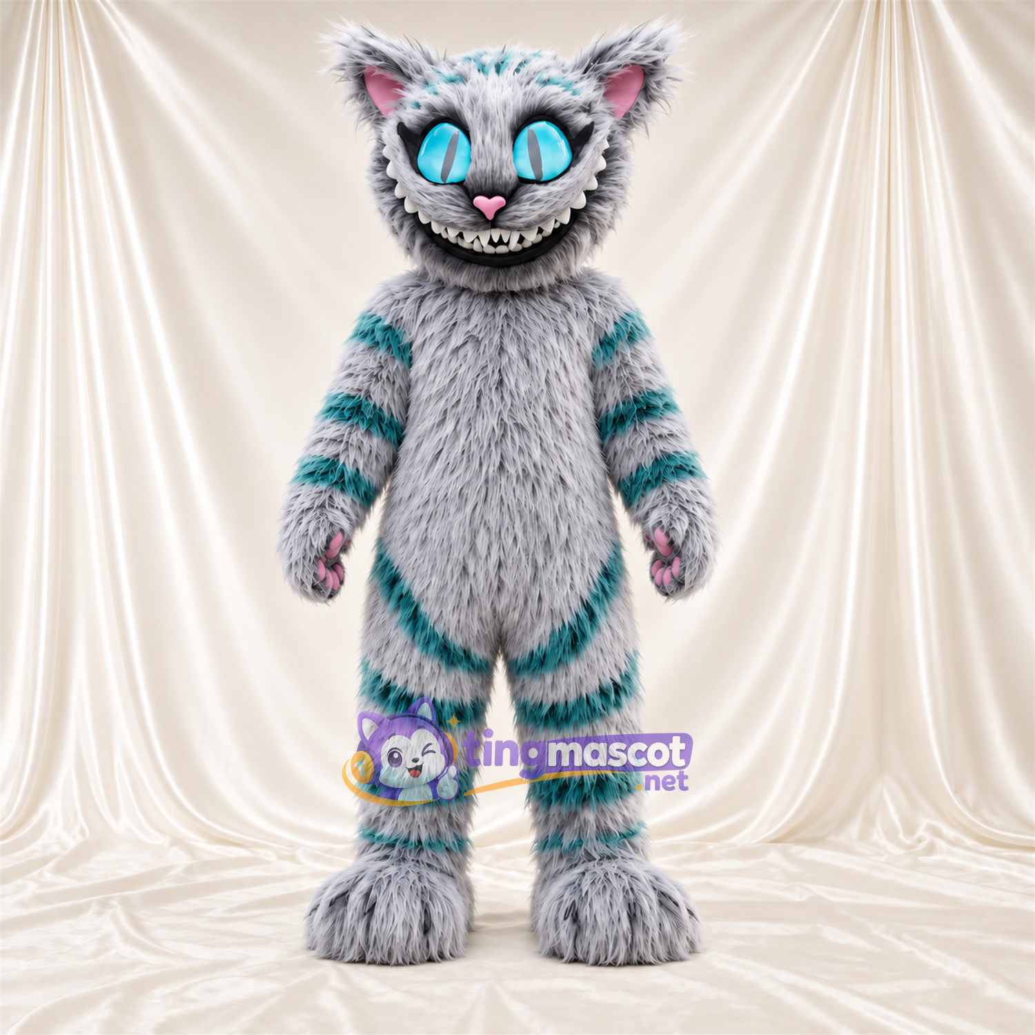 Costume de mascotte Chat du Cheshire – gris / bleu canard – Fourrure; Yeux (bleu) Costume de mascotte Chat du Cheshire – gris / bleu canard – Fourrure; Yeux (bleu)
