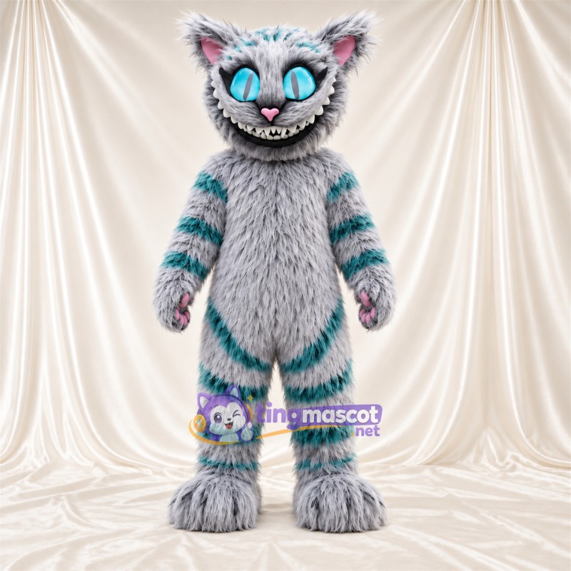 Costume de mascotte Chat du Cheshire – gris / bleu canard – Fourrure; Yeux (bleu) Costume de mascotte Chat du Cheshire – gris / bleu canard – Fourrure; Yeux (bleu)
