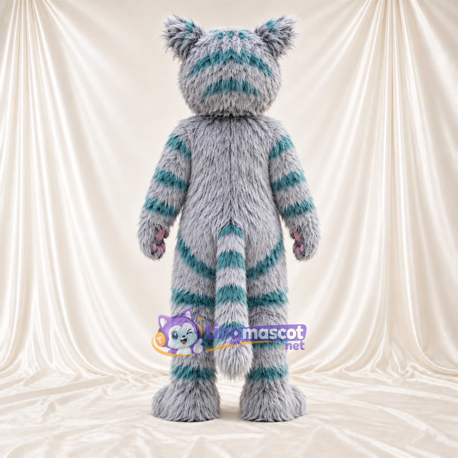 Costume de mascotte Chat du Cheshire – gris / bleu canard – Fourrure; Yeux (bleu) Costume de mascotte Chat du Cheshire – gris / bleu canard – Fourrure; Yeux (bleu)