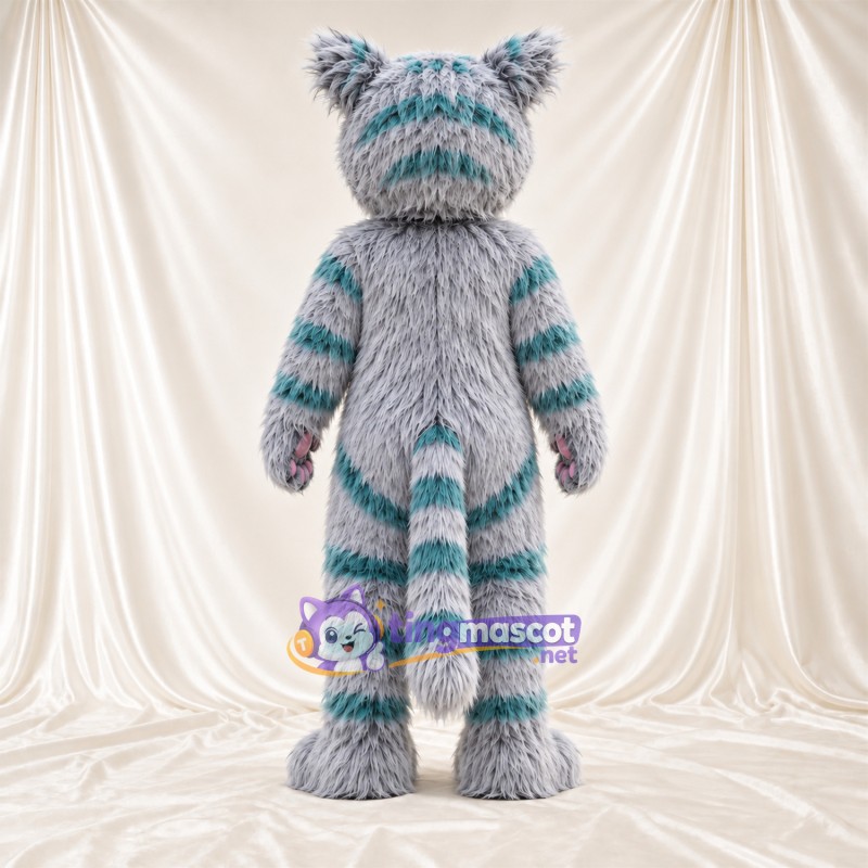 Costume de mascotte Chat du Cheshire – gris / bleu canard – Fourrure; Yeux (bleu) Costume de mascotte Chat du Cheshire – gris / bleu canard – Fourrure; Yeux (bleu)