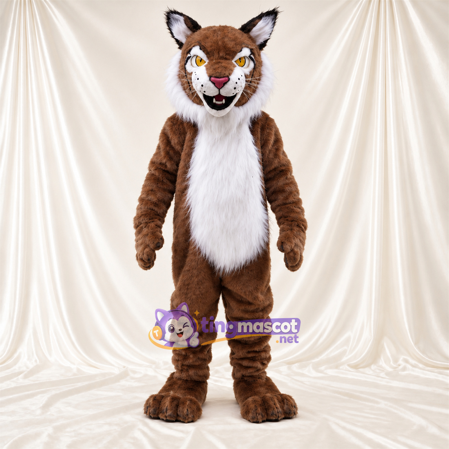 Brown and White Lynx Mascot Costume - White Belly and Pointed Fangs Brown and White Lynx Mascot Costume - White Belly and Pointed Fangs