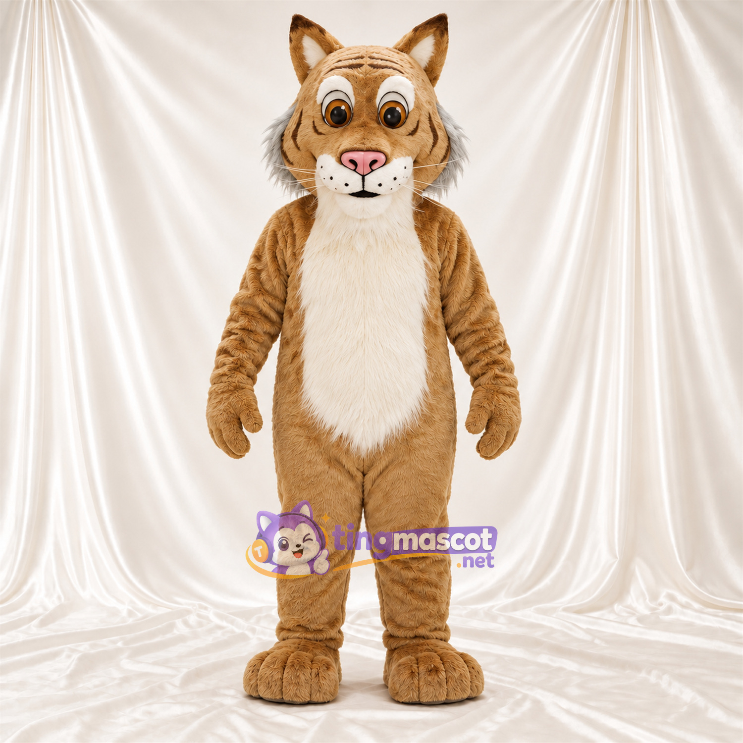 Costume de mascotte Chat – brun clair / blanc – Ventre (blanc); Rayures (noir) Costume de mascotte Chat – brun clair / blanc – Ventre (blanc); Rayures (noir)