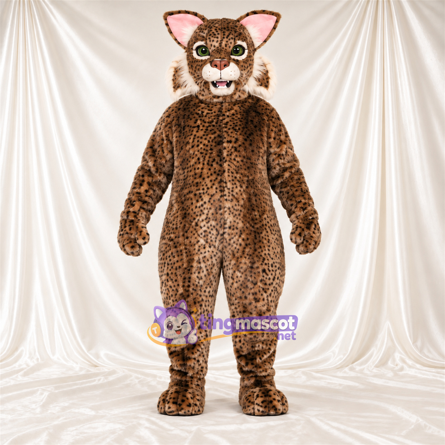 Brown and White Bobcat Mascot Costume - Pink Inner Ears and Green Eyes Brown and White Bobcat Mascot Costume - Pink Inner Ears and Green Eyes