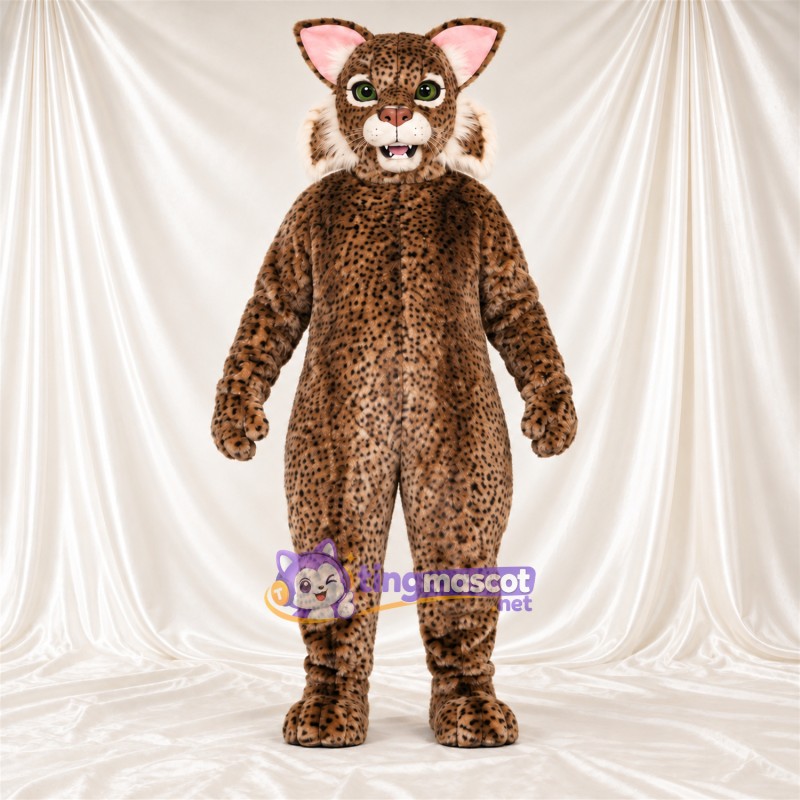 Brown and White Bobcat Mascot Costume - Pink Inner Ears and Green Eyes Brown and White Bobcat Mascot Costume - Pink Inner Ears and Green Eyes