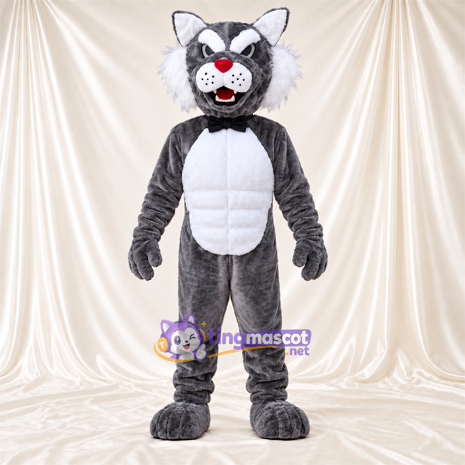 Costume de mascotte Chat – gris / blanc – Nœud papillon (noir) Costume de mascotte Chat – gris / blanc – Nœud papillon (noir)