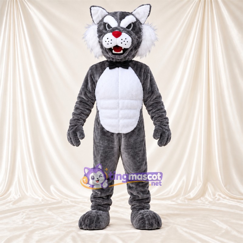 Costume de mascotte Chat – gris / blanc – Nœud papillon (noir) Costume de mascotte Chat – gris / blanc – Nœud papillon (noir)