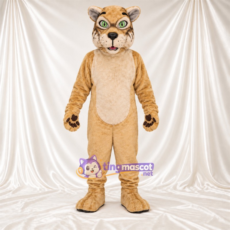 Costume de mascotte Chat sauvage – brun clair / blanc – Coussinets (marron); Yeux (vert) Costume de mascotte Chat sauvage – brun clair / blanc – Coussinets (marron); Yeux (vert)