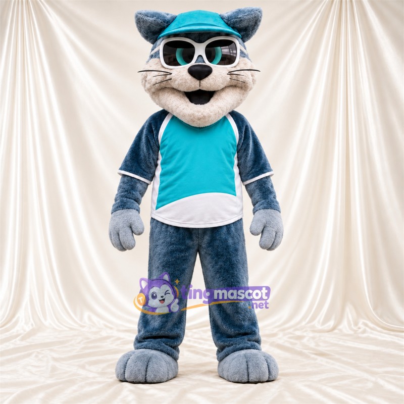 Costume de mascotte Chat – gris / bleu – Chemise (turquoise); Casquette Costume de mascotte Chat – gris / bleu – Chemise (turquoise); Casquette
