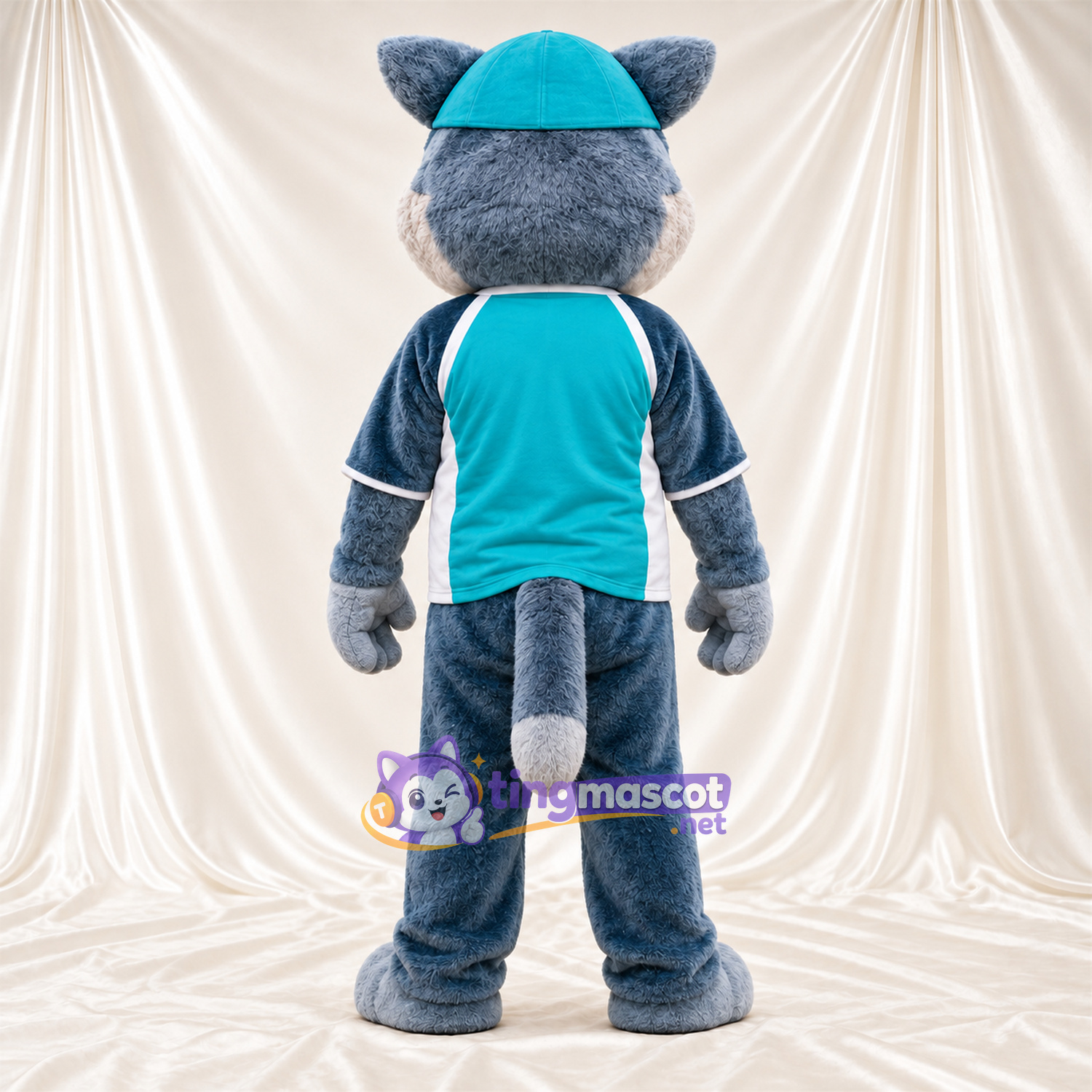 Costume de mascotte Chat – gris / bleu – Chemise (turquoise); Casquette Costume de mascotte Chat – gris / bleu – Chemise (turquoise); Casquette