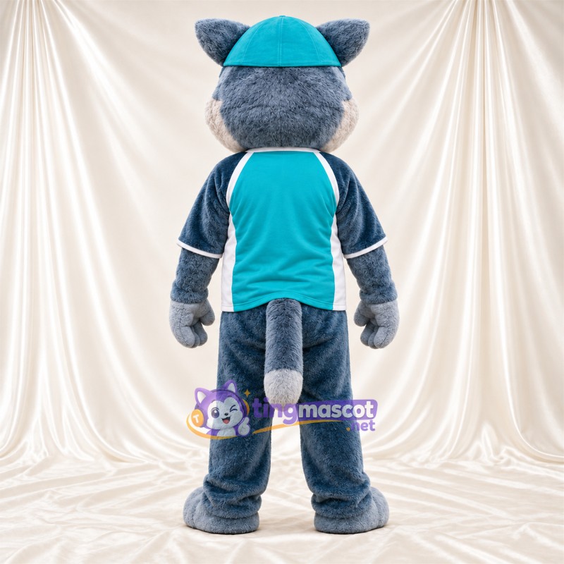 Costume de mascotte Chat – gris / bleu – Chemise (turquoise); Casquette Costume de mascotte Chat – gris / bleu – Chemise (turquoise); Casquette