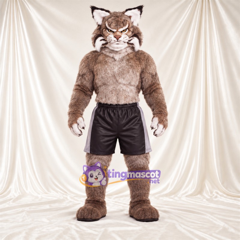 Brown and White Bobcat Mascot Costume - Black Shorts Brown and White Bobcat Mascot Costume - Black Shorts