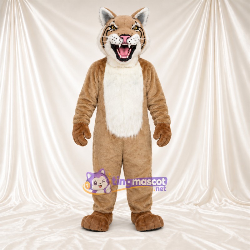Costume de mascotte Chat sauvage – brun clair / blanc – Ventre (blanc); Crocs pointus Costume de mascotte Chat sauvage – brun clair / blanc – Ventre (blanc); Crocs pointus