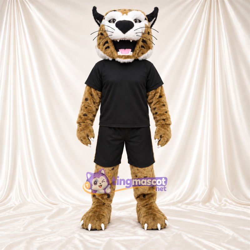 Tan and Black Bobcat Mascot Costume - Black Sports Uniform Tan and Black Bobcat Mascot Costume - Black Sports Uniform