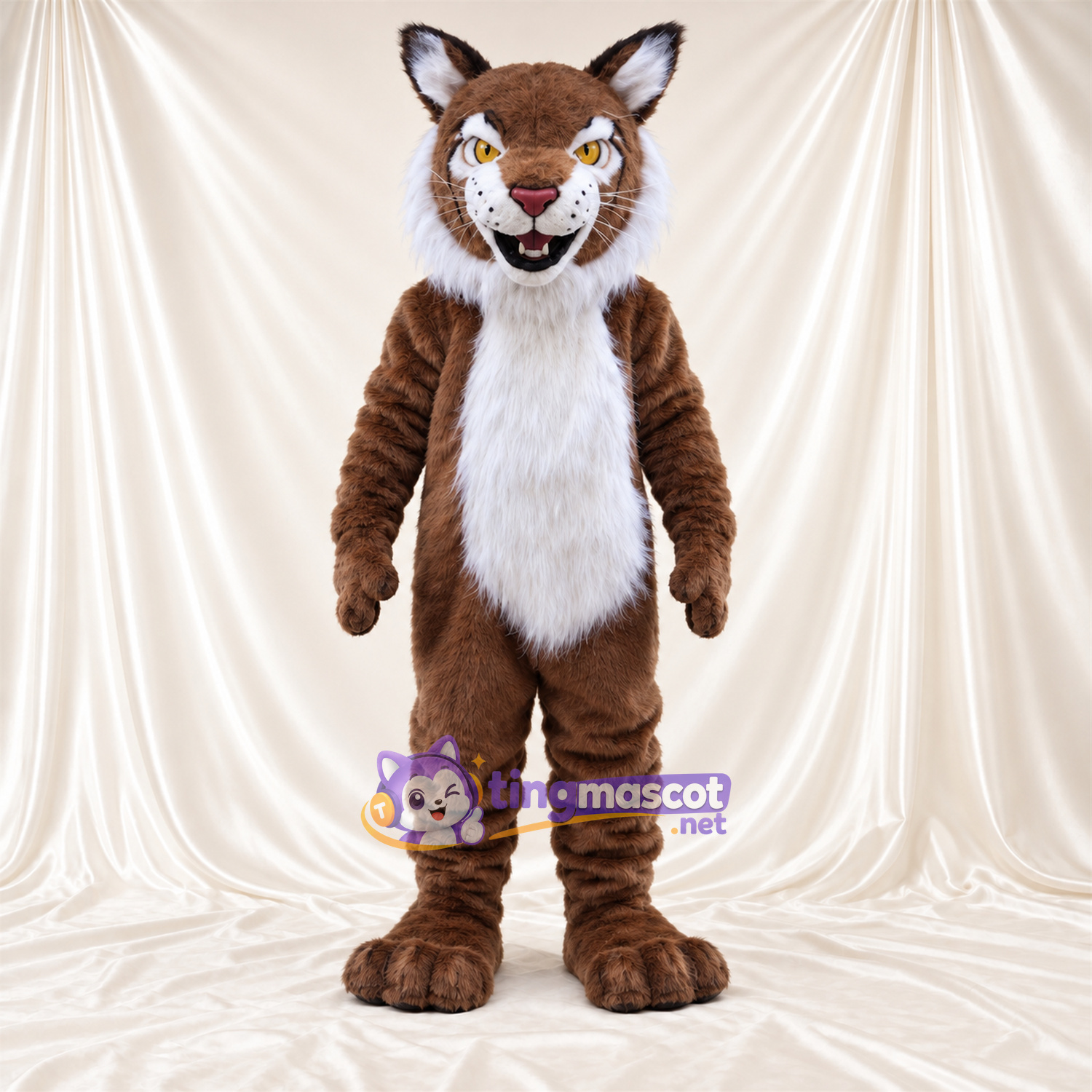 Brown and White Bobcat Mascot Costume - White Belly and Toothy Grin Brown and White Bobcat Mascot Costume - White Belly and Toothy Grin