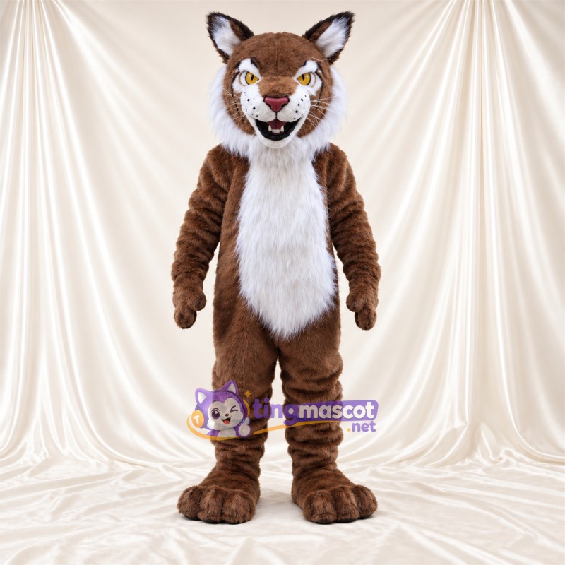 Brown and White Bobcat Mascot Costume - White Belly and Toothy Grin Brown and White Bobcat Mascot Costume - White Belly and Toothy Grin