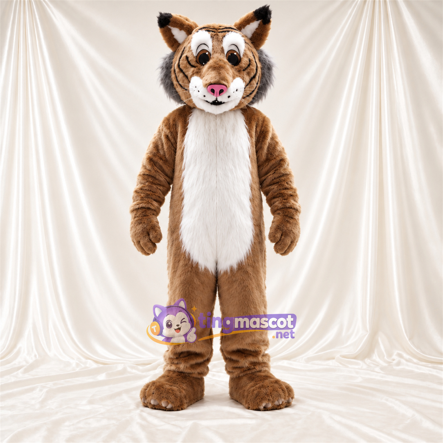 Brown and White Bobcat Mascot Costume - White Belly and Black Stripes Brown and White Bobcat Mascot Costume - White Belly and Black Stripes