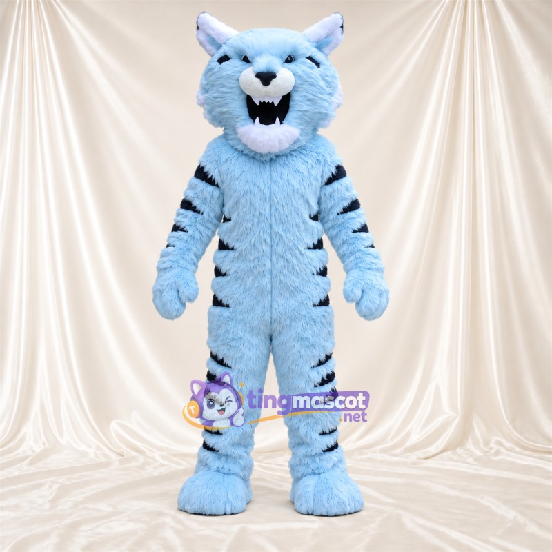 Blue and Black Tiger Mascot Costume - Black Stripes and Shaggy Fur Blue and Black Tiger Mascot Costume - Black Stripes and Shaggy Fur