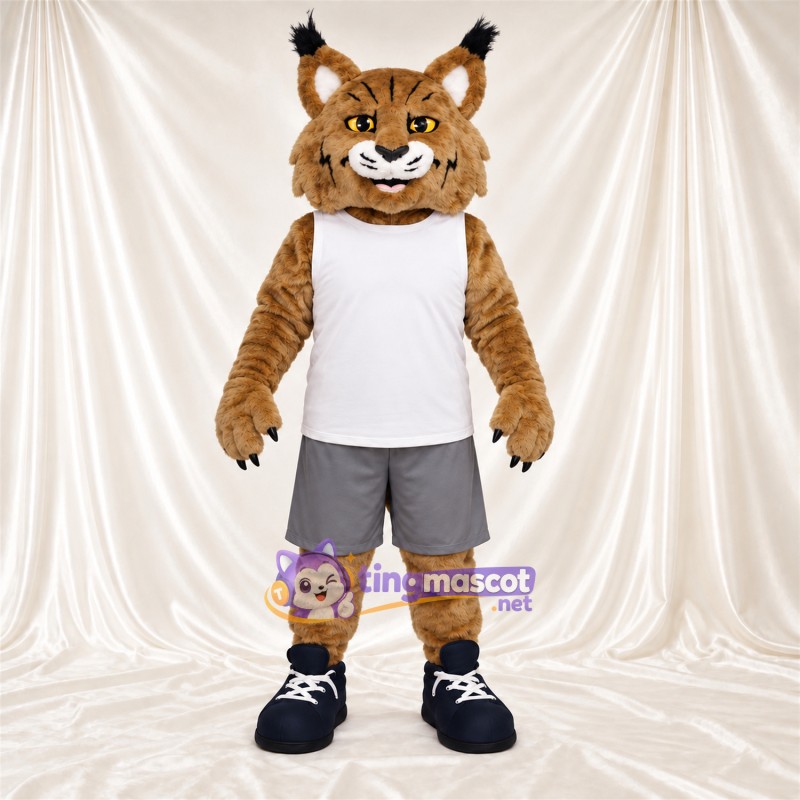 Costume de mascotte Lynx roux – brun clair – Débardeur (blanc); Short (gris) Costume de mascotte Lynx roux – brun clair – Débardeur (blanc); Short (gris)