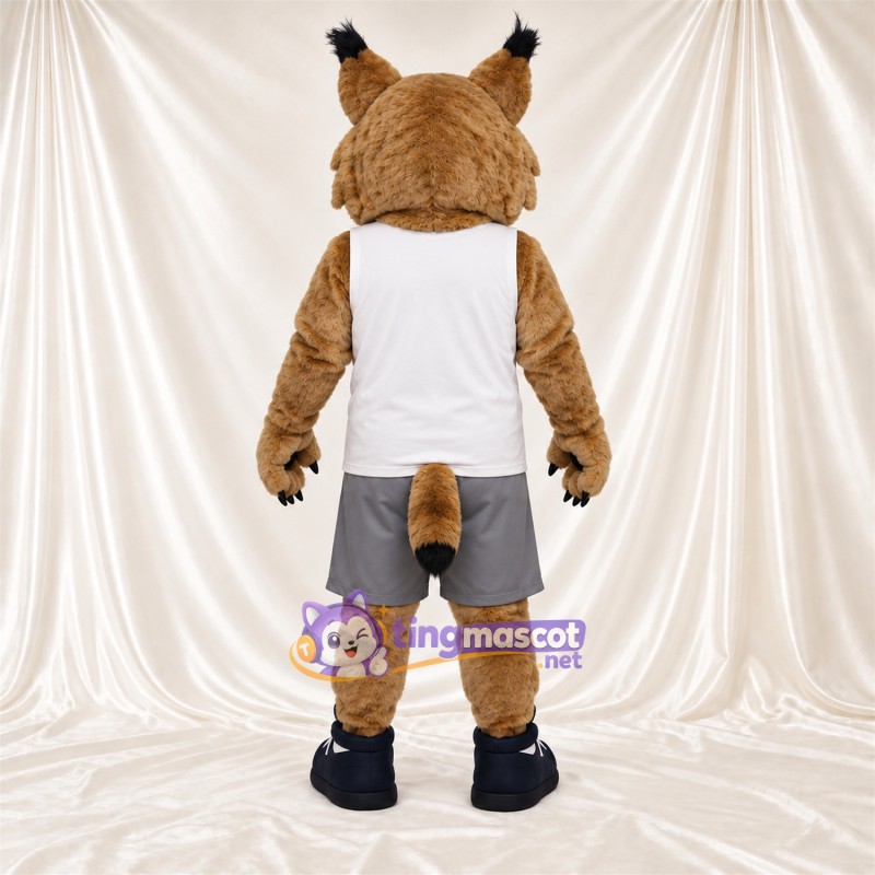 Costume de mascotte Lynx roux – brun clair – Débardeur (blanc); Short (gris) Costume de mascotte Lynx roux – brun clair – Débardeur (blanc); Short (gris)