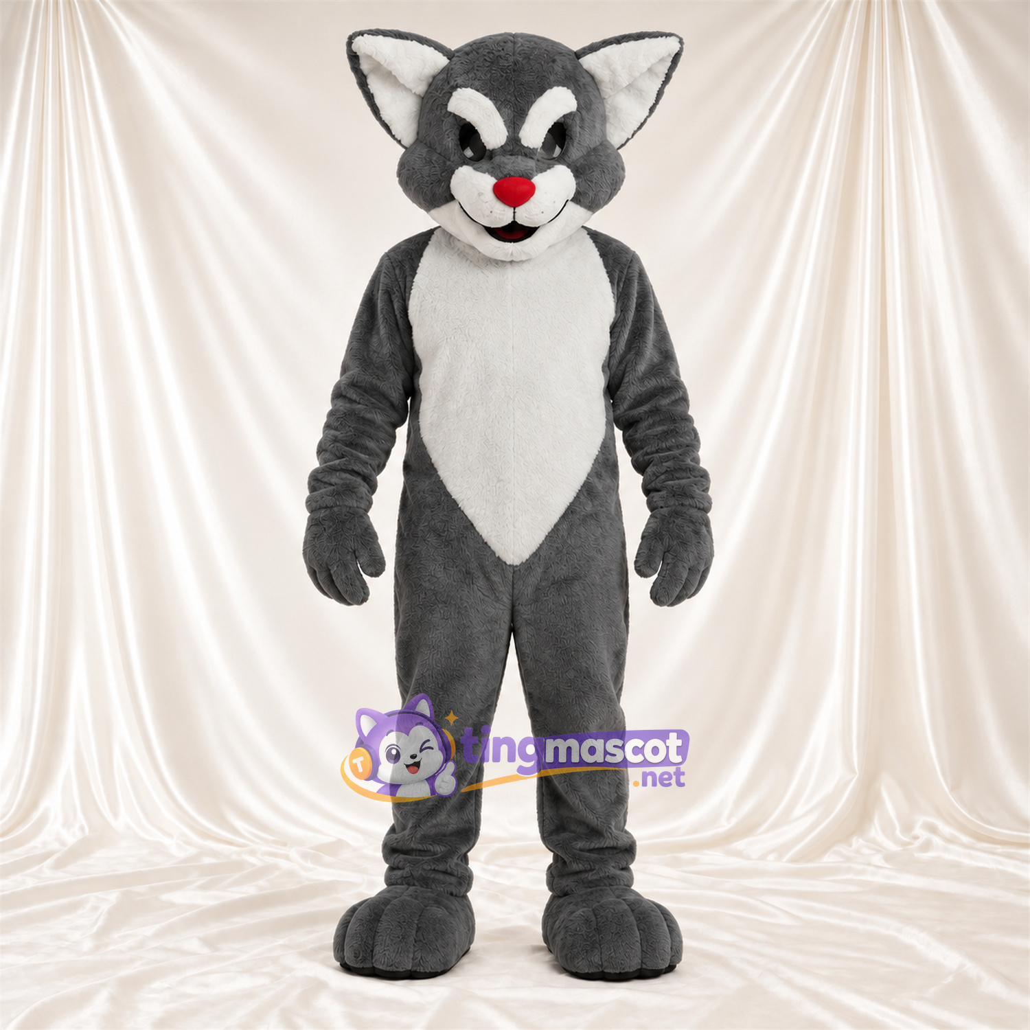 Costume de mascotte Chat – gris / blanc – Feuille; Ventre (blanc) Costume de mascotte Chat – gris / blanc – Feuille; Ventre (blanc)