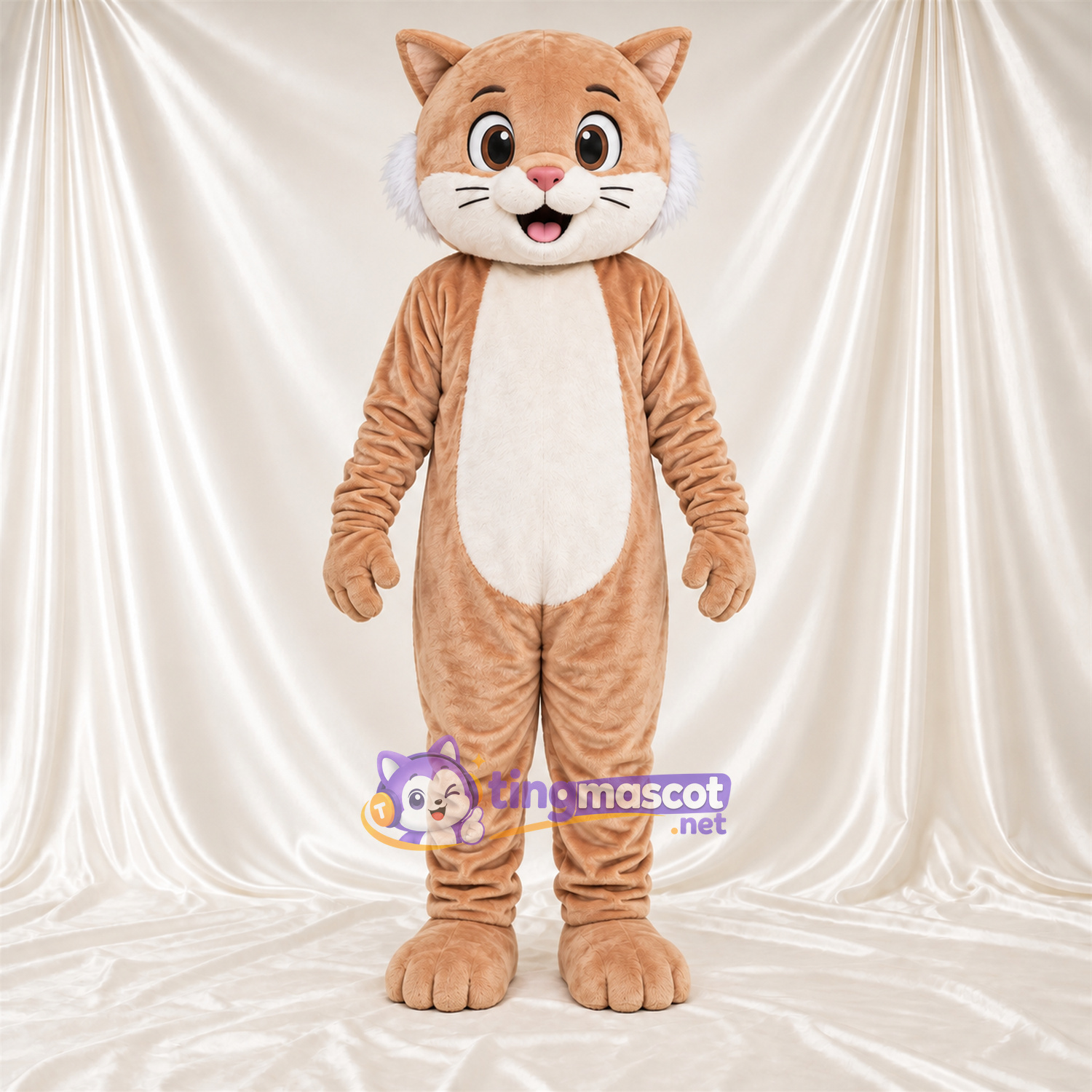 Costume de mascotte Chat – brun clair / blanc – Ventre (blanc); Longue queue Costume de mascotte Chat – brun clair / blanc – Ventre (blanc); Longue queue