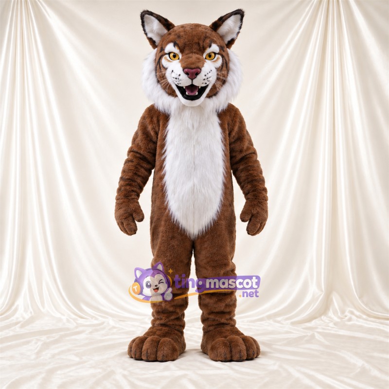 Brown and White Bobcat Mascot Costume - White Belly and Toothy Grin Brown and White Bobcat Mascot Costume - White Belly and Toothy Grin