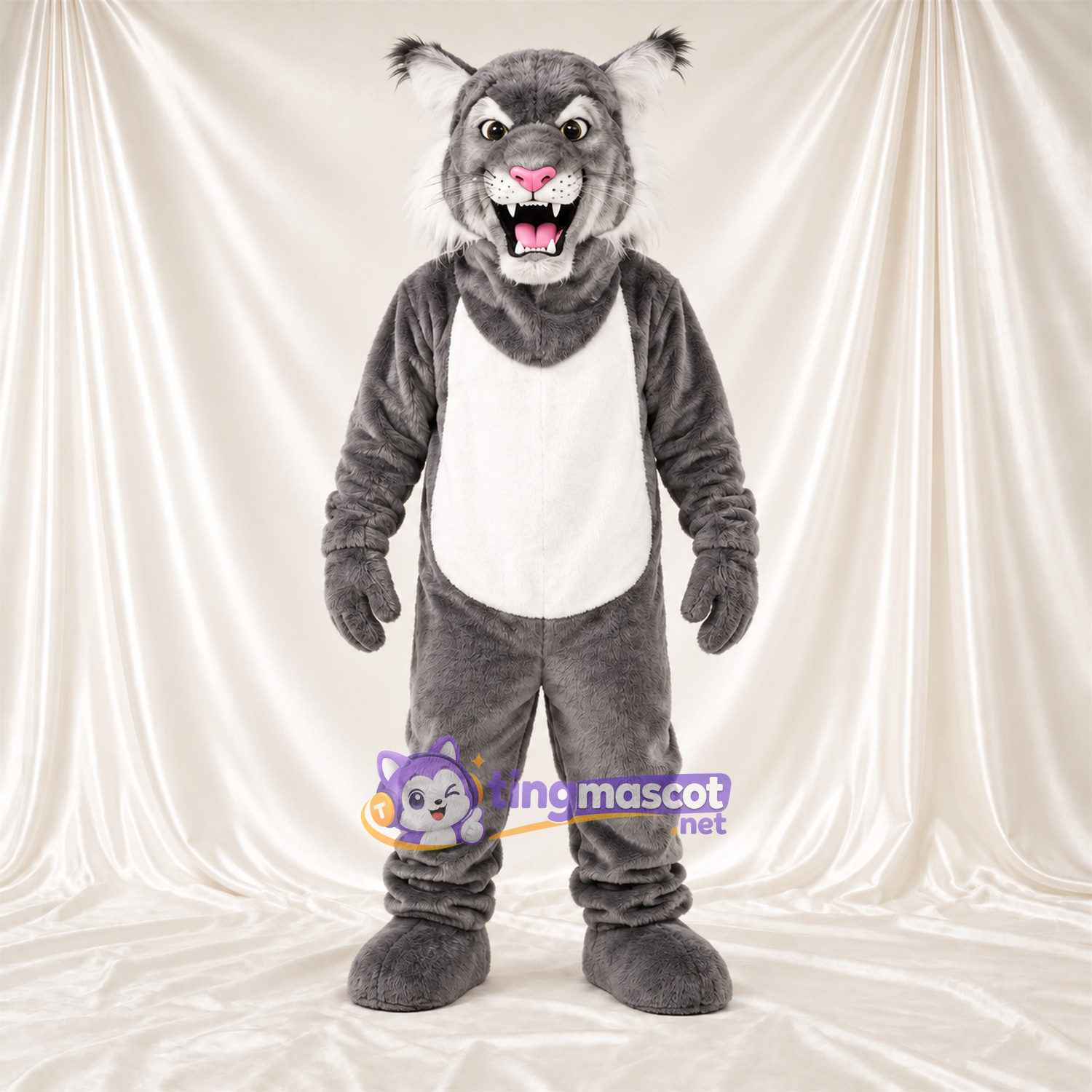 Maskottchenkostüm Rotluchs – grau / weiß – Bauch (weiß); Spitze Fangzähne Maskottchenkostüm Rotluchs – grau / weiß – Bauch (weiß); Spitze Fangzähne