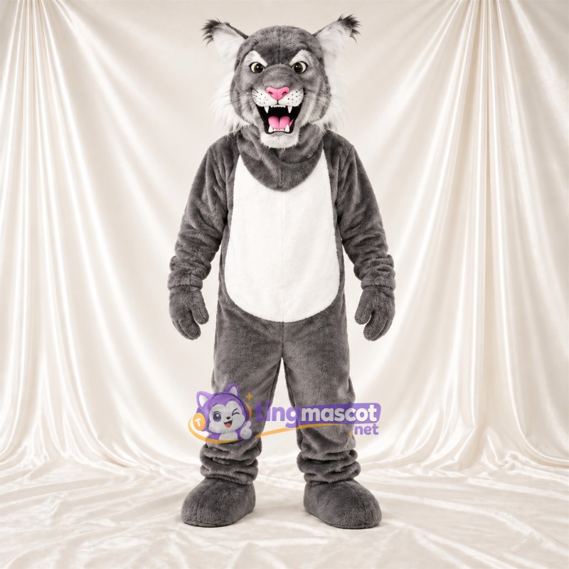 Maskottchenkostüm Rotluchs – grau / weiß – Bauch (weiß); Spitze Fangzähne Maskottchenkostüm Rotluchs – grau / weiß – Bauch (weiß); Spitze Fangzähne