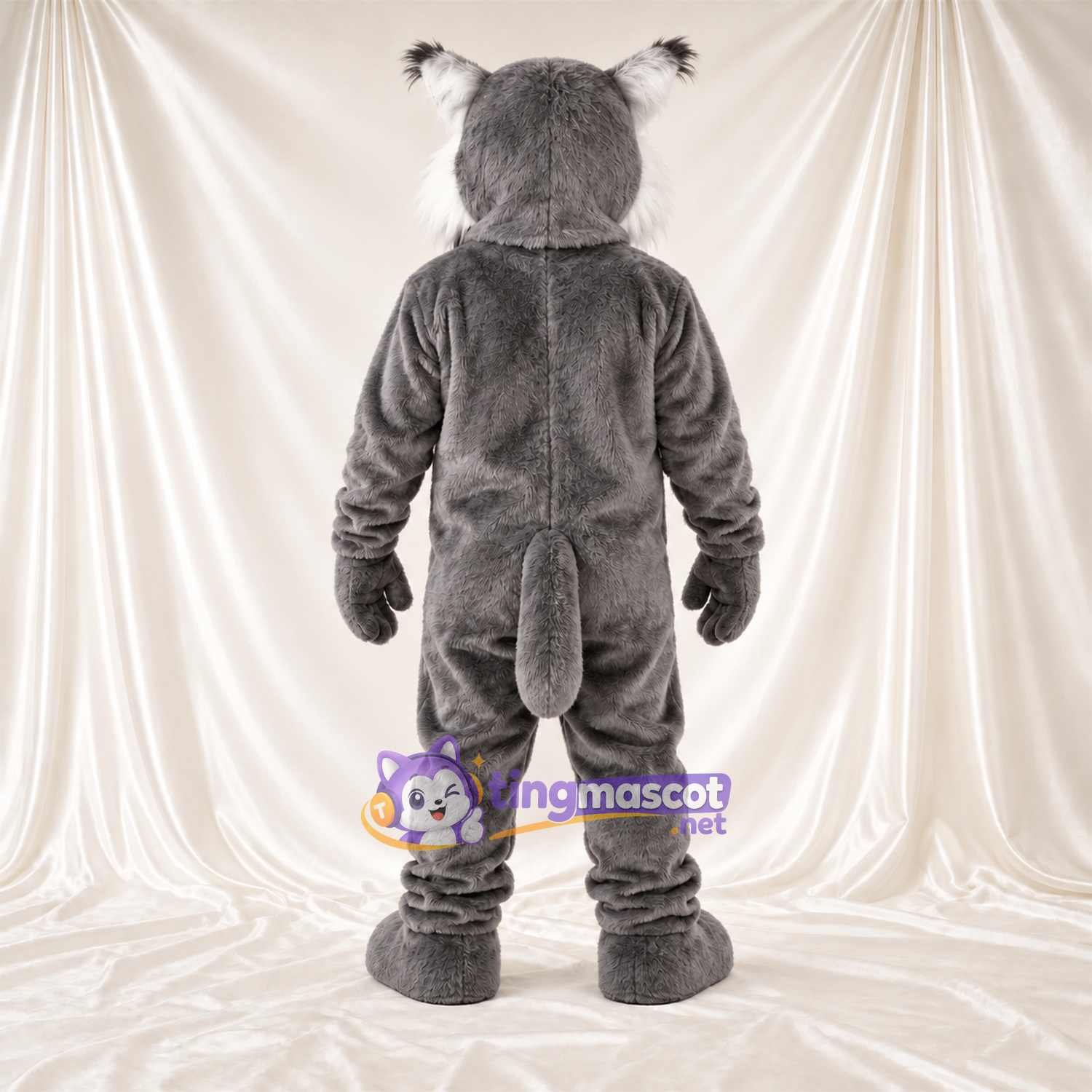 Maskottchenkostüm Rotluchs – grau / weiß – Bauch (weiß); Spitze Fangzähne Maskottchenkostüm Rotluchs – grau / weiß – Bauch (weiß); Spitze Fangzähne