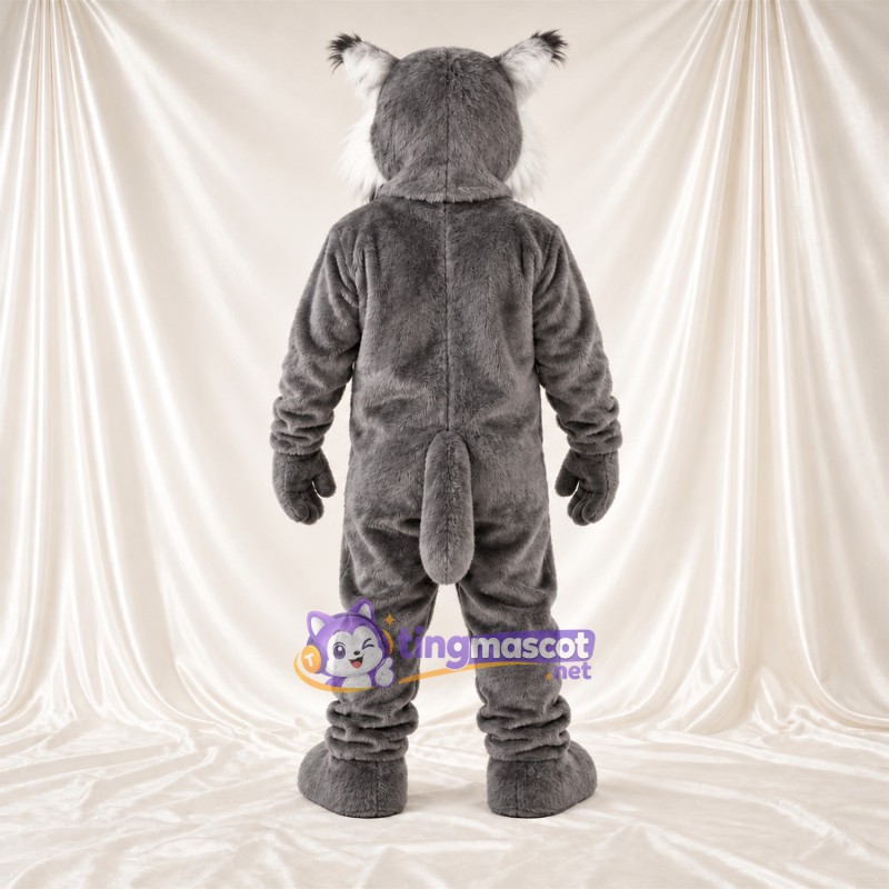 Maskottchenkostüm Rotluchs – grau / weiß – Bauch (weiß); Spitze Fangzähne Maskottchenkostüm Rotluchs – grau / weiß – Bauch (weiß); Spitze Fangzähne
