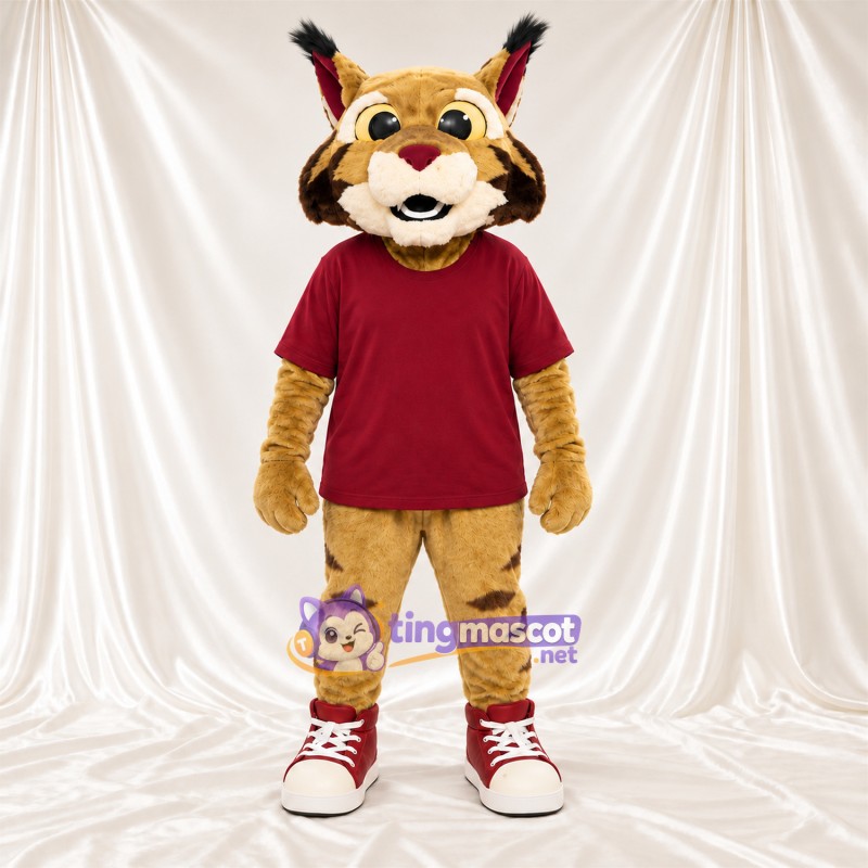 Costume de mascotte Lynx roux – brun clair – Chemise (bordeaux) Costume de mascotte Lynx roux – brun clair – Chemise (bordeaux)
