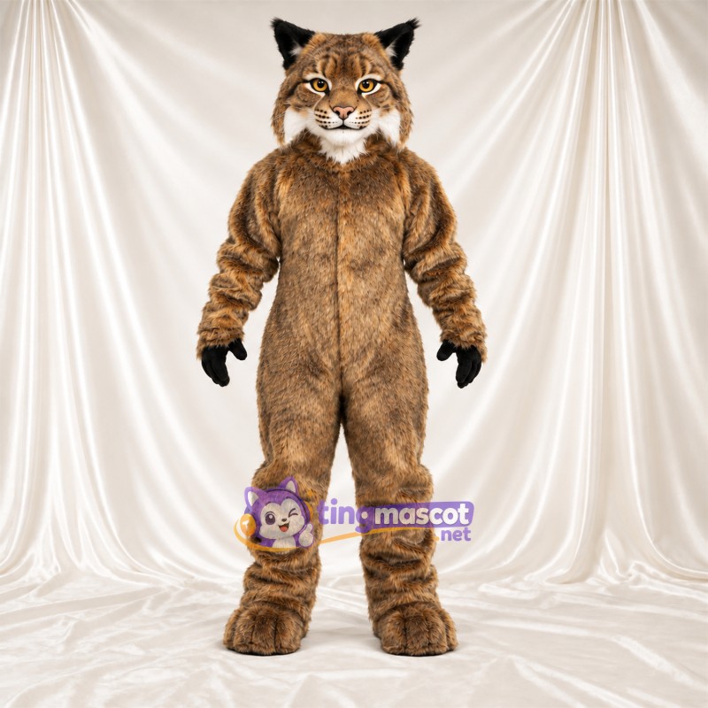 Brown and White Bobcat Mascot Costume - Black Gloves and Black Stripes Brown and White Bobcat Mascot Costume - Black Gloves and Black Stripes