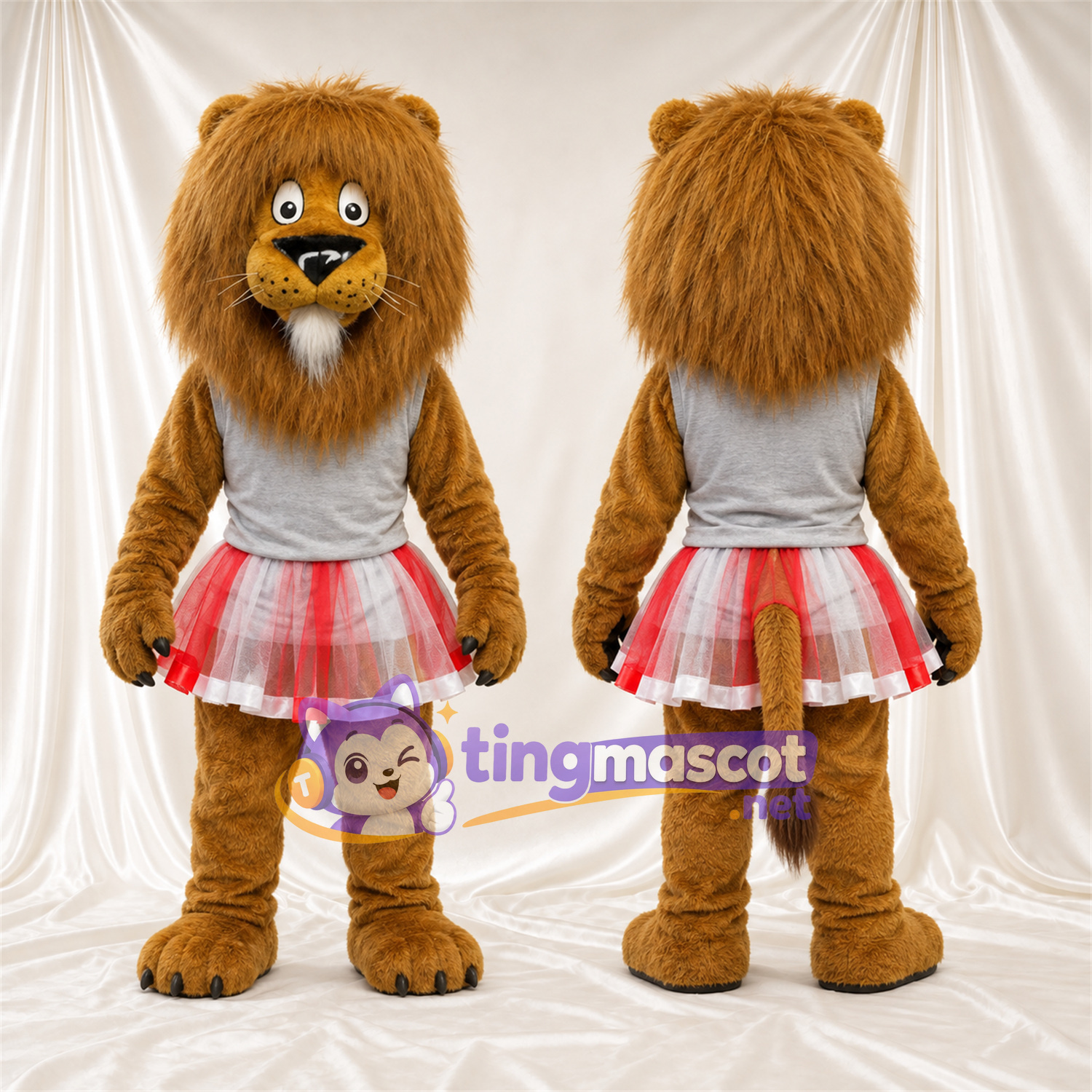 Brown Lion Mascot Costume - Gray Top and Red Plaid Skirt Brown Lion Mascot Costume - Gray Top and Red Plaid Skirt