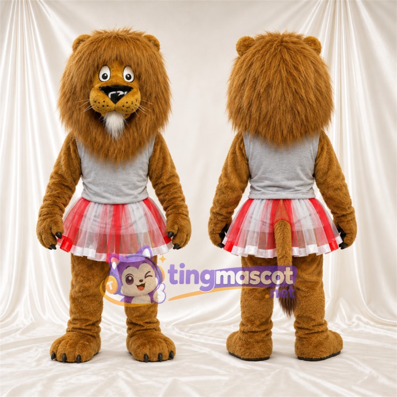 Brown Lion Mascot Costume - Gray Top and Red Plaid Skirt
