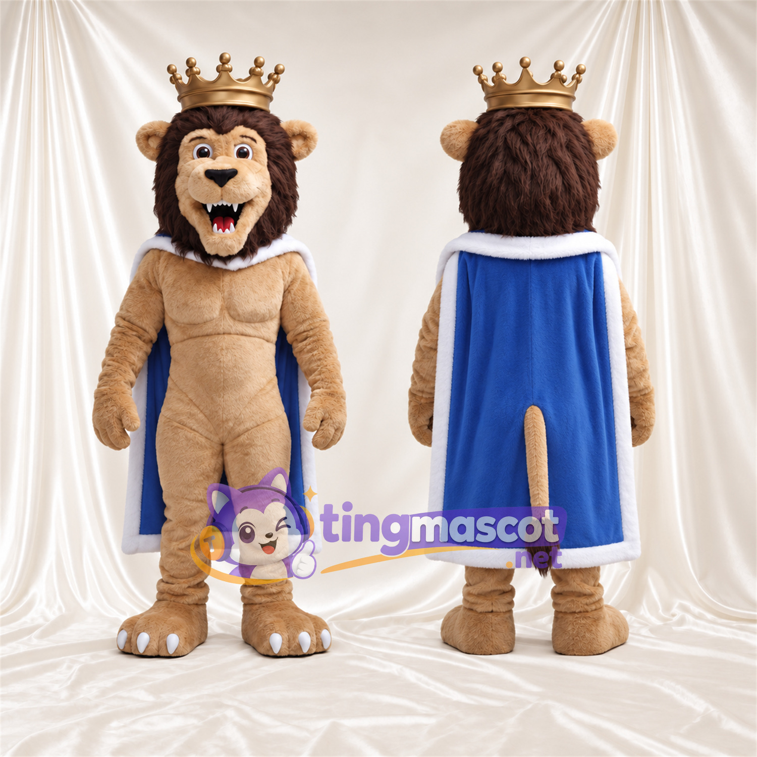 Costume de mascotte Lion – brun clair – Couronne; Cape (bleu) Costume de mascotte Lion – brun clair – Couronne; Cape (bleu)