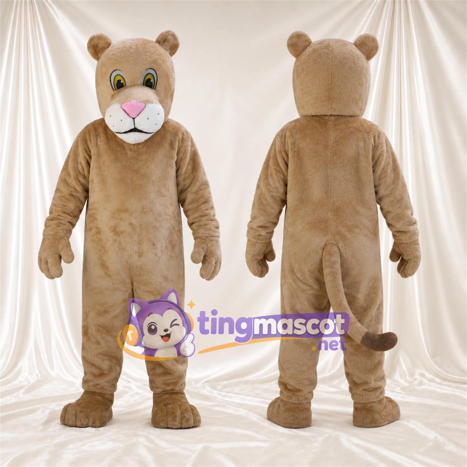 Costume de mascotte Chat sauvage – brun clair – Nez (rose); Bouche fermée Costume de mascotte Chat sauvage – brun clair – Nez (rose); Bouche fermée
