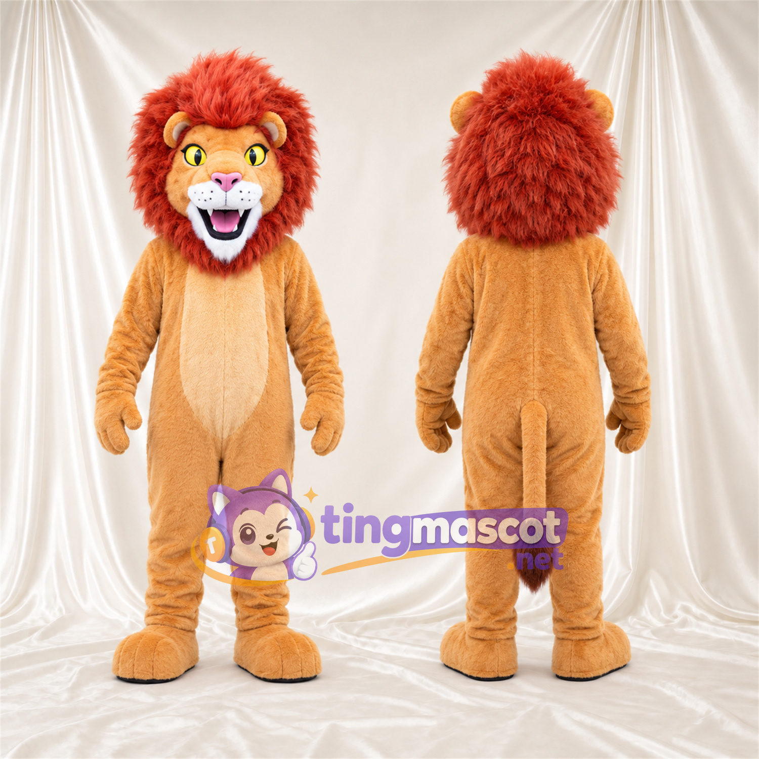 Costume de mascotte Lion – orange – Crinière (brun rouge); Crocs pointus Costume de mascotte Lion – orange – Crinière (brun rouge); Crocs pointus
