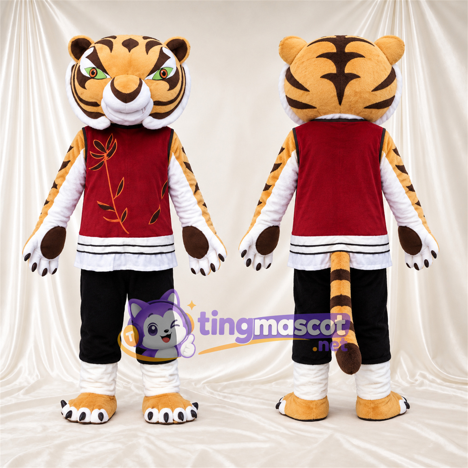 Costume de mascotte Tigre – orange / noir – Gilet (rouge); Pantalon (noir) Costume de mascotte Tigre – orange / noir – Gilet (rouge); Pantalon (noir)