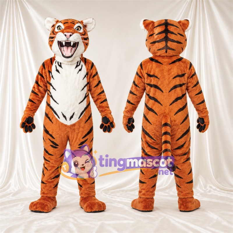 Costume de mascotte Tigre – orange / noir – Coussinets (noir); Crocs pointus