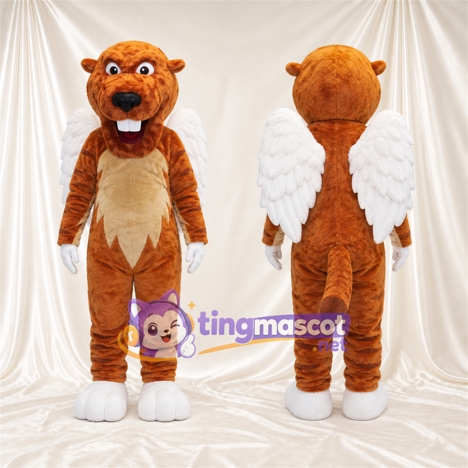 Maskottchenkostüm Fantasiewesen – orange – Flügel (weiß); Zähne Maskottchenkostüm Fantasiewesen – orange – Flügel (weiß); Zähne