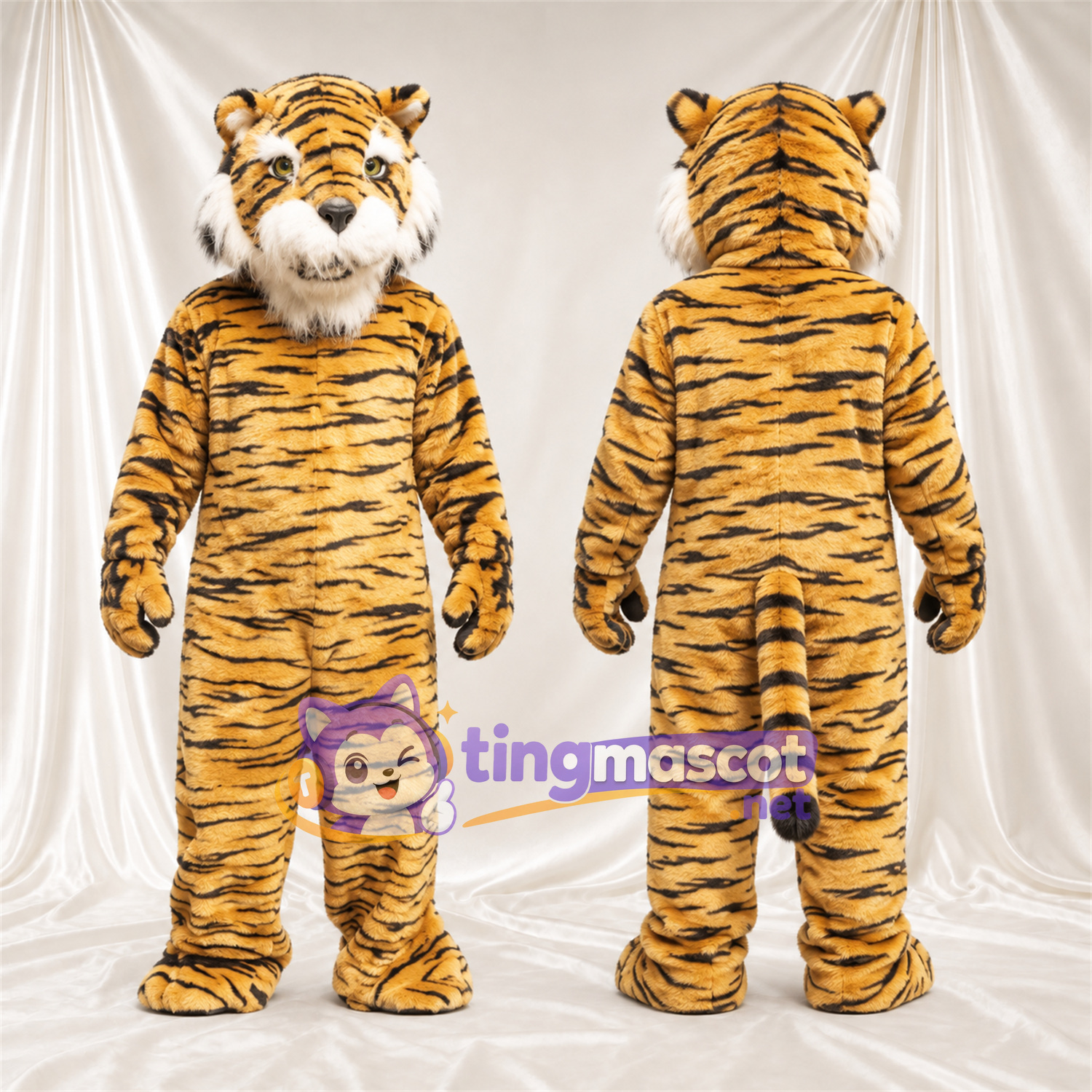 Costume de mascotte Tigre – orange / noir – Bouche fermée; Fines rayures Costume de mascotte Tigre – orange / noir – Bouche fermée; Fines rayures
