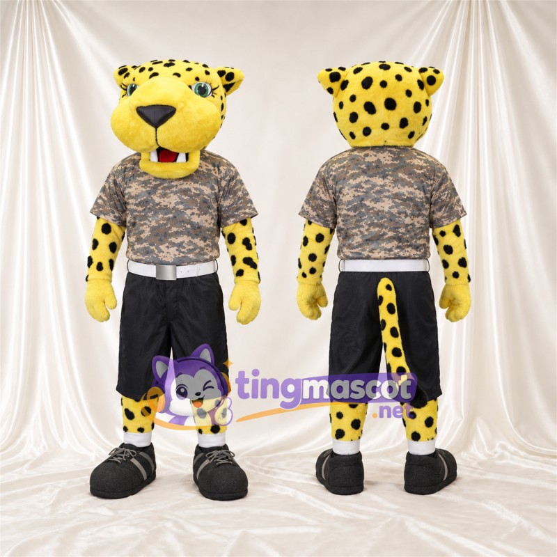 Maskottchenkostüm Gepard – gelb – Hemd (grau); Shorts (schwarz)