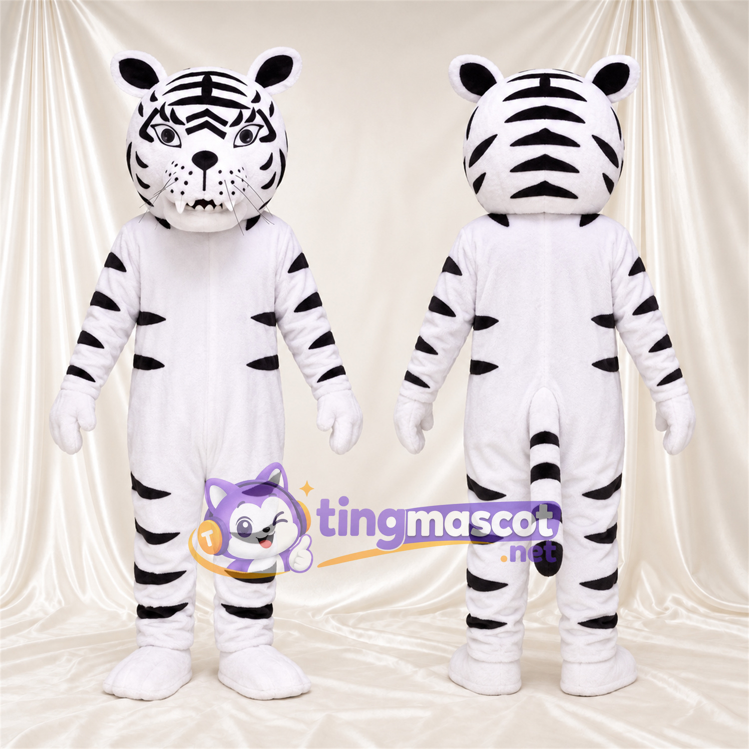 Costume de mascotte Tigre – blanc / noir – Baskets (noir / blanc); Tête Costume de mascotte Tigre – blanc / noir – Baskets (noir / blanc); Tête