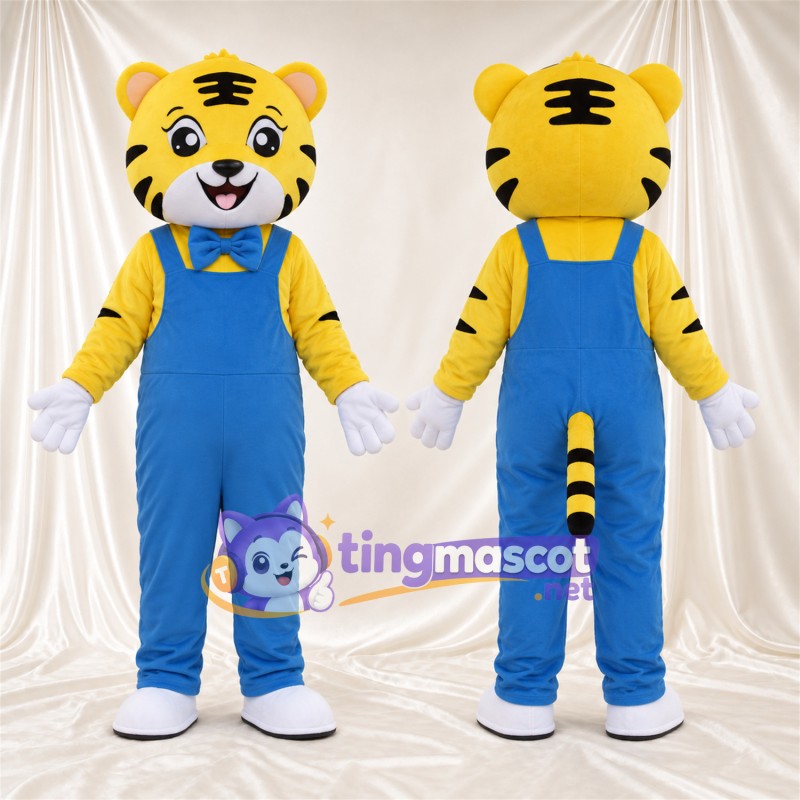 Costume de mascotte Tigre – jaune / noir – Salopette (bleu)